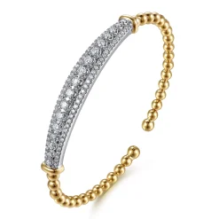 Best Gabriel & Co. 14K White Yellow Gold Bujukan Beaded Graduating Diamond Bar Cuff Bangle Bracelet