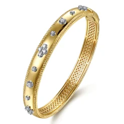Sale Gabriel & Co. 14K White Yellow Gold Bujukan Beaded and Diamond Clover Closed Bangle Bracelet