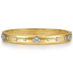 Sale Gabriel & Co. 14K White Yellow Gold Bujukan Beaded and Diamond Clover Closed Bangle Bracelet