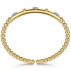 Best Gabriel & Co. 14K White Yellow Gold Bujukan Beads Diamond Clover Station Cuff Bangle Bracelet