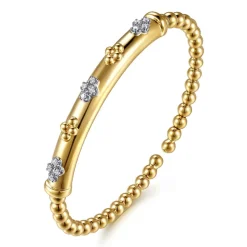 Best Gabriel & Co. 14K White Yellow Gold Bujukan Beaded and Diamond Clover Cuff Bangle Bracelet