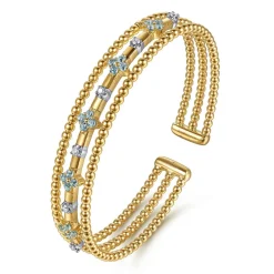 Sale Gabriel & Co. 14K White Yellow Gold Bujukan Beaded Diamond and Blue Topaz Flower Cuff Bangle Bracelet