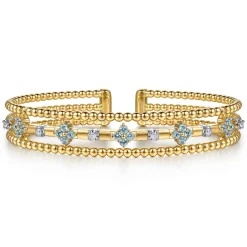 Sale Gabriel & Co. 14K White Yellow Gold Bujukan Beaded Diamond and Blue Topaz Flower Cuff Bangle Bracelet