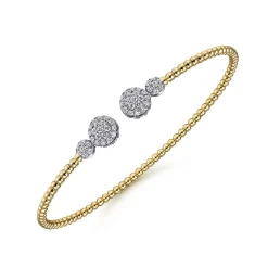 Best Gabriel & Co. 14K White Yellow Gold Bujukan Bead Split Cuff with Round Diamond Pave Caps