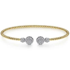 Best Gabriel & Co. 14K White Yellow Gold Bujukan Bead Split Cuff with Round Diamond Pave Caps