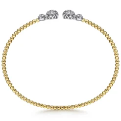 Best Gabriel & Co. 14K White Yellow Gold Bujukan Bead Split Cuff with Round Diamond Pave Caps