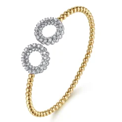 Best Gabriel & Co. 14K White Yellow Gold Bujukan Beaded Double Row Diamond Circle Open Bangle Bracelet