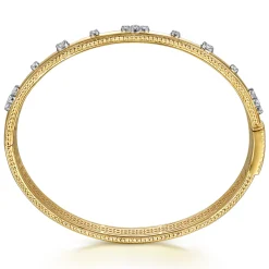 Online Gabriel & Co. 14K White Yellow Gold Bujukan Beaded and Diamond Clover Closed Bangle Bracelet