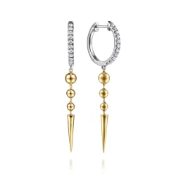 New Gabriel & Co. 14K White Yellow Gold Bujukan Bullet and Diamond Huggie Drop Earrings