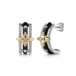 Hot Gabriel & Co. 14K White Yellow Gold Bujukan Diamond Bullet J Hoop Earrings with Black Enamel
