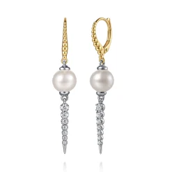 Sale Gabriel & Co. 14K White Yellow Gold Bujukan Diamond and Pearl Spike Leverback Drop Earrings