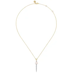 New Gabriel & Co. 14K White Yellow Gold Bujukan Diamond and Pearl Spike Pendant Drop Necklace
