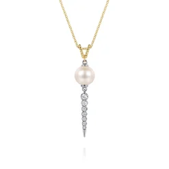 New Gabriel & Co. 14K White Yellow Gold Bujukan Diamond and Pearl Spike Pendant Drop Necklace