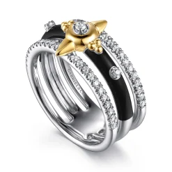 Sale Gabriel & Co. 14K White Yellow Gold Bujukan Diamond Spike Easy Stackable Ring with Black Enamel