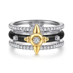 Sale Gabriel & Co. 14K White Yellow Gold Bujukan Diamond Spike Easy Stackable Ring with Black Enamel