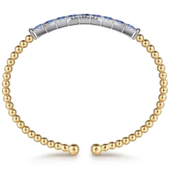 Best Gabriel & Co. 14K White Yellow Gold Bujukan Diamond and Baguette Blue Sapphire Bar Split Bangle Bracelet