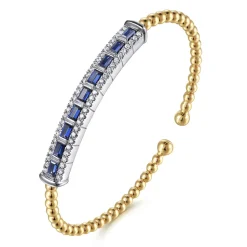 Best Gabriel & Co. 14K White Yellow Gold Bujukan Diamond and Baguette Blue Sapphire Bar Split Bangle Bracelet