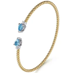 Outlet Gabriel & Co. 14K White Yellow Gold Bujukan Open Cuff Bracelet with Blue Topaz and Diamond End Caps