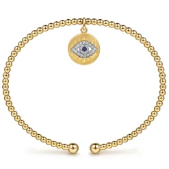Sale Gabriel & Co. 14K White-Yellow Gold Bujukan Sapphire and Diamond Evil Eye Charm Cuff Bangle Bracelet