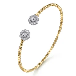 Clearance Gabriel & Co. 14K White Yellow Gold Bujukan Split Cuff Bracelet with Diamond Flowers