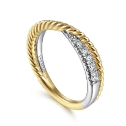 Gabriel & Co. 14K White-Yellow Gold Criss Cross Diamond Anniversary Band with Twisted Rope Detail - 0.25 ct