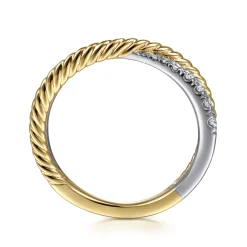 Gabriel & Co. 14K White-Yellow Gold Criss Cross Diamond Anniversary Band with Twisted Rope Detail - 0.25 ct