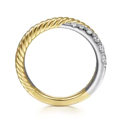 Sale Gabriel & Co. 14K White-Yellow Gold Criss Cross Diamond Anniversary Band with Twisted Rope Detail - 0.5 ct