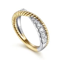 Sale Gabriel & Co. 14K White-Yellow Gold Criss Cross Diamond Anniversary Band with Twisted Rope Detail - 0.5 ct