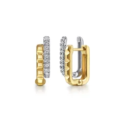 Sale Gabriel & Co. 14K White Yellow Gold Diamond and Pyramid Double Row Huggie Earrings