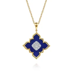 New Gabriel & Co. 18K White Yellow Gold Diamond and Lapis Floral Pendant Necklace