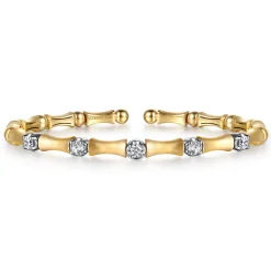 New Gabriel & Co. 14K White Yellow Gold Diamond Brush Finish Bamboo Bangle Bracelet