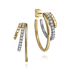 Clearance Gabriel & Co. 14K White Yellow Gold Diamond Three Row J Hoop Stud Earrings