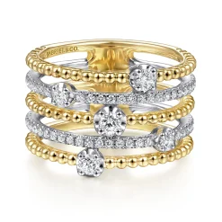 New Gabriel & Co. 14K White-Yellow Gold Five Row Bujukan Ball and Diamond Station Ring