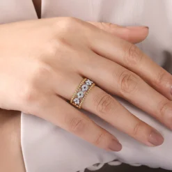 Discount Gabriel & Co. 14K White-Yellow Gold Floral Diamond Clusters and Bujukan Bead Ring