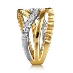 Gabriel & Co. 14K White Yellow Gold Graduating Diamond Criss Cross Diamond Cut Ring