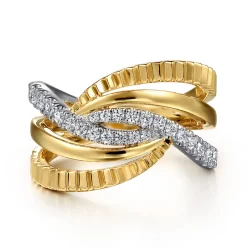 Gabriel & Co. 14K White Yellow Gold Graduating Diamond Criss Cross Diamond Cut Ring