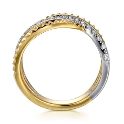 Gabriel & Co. 14K White Yellow Gold Graduating Diamond Criss Cross Diamond Cut Ring