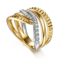 Gabriel & Co. 14K White Yellow Gold Graduating Diamond Criss Cross Diamond Cut Ring