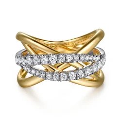 Discount Gabriel & Co. 14K White Yellow Gold Graduating Diamond Criss Cross Ring