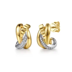 Hot Gabriel & Co. 14K White Yellow Gold Graduating Diamond and Diamond Cut J Hoop Earrings