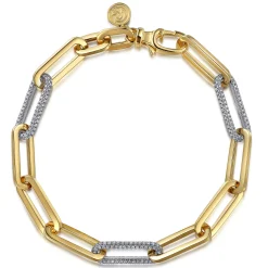 Sale Gabriel & Co. 14K White-Yellow Gold Hollow Paperclip Chain Bracelet with Diamond Pave Link Stations