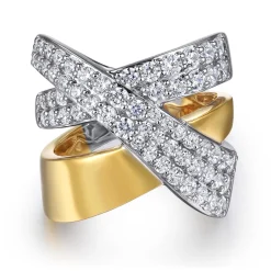Best Gabriel & Co. 14K White Yellow Gold Multi Row Graduating Diamond Criss Cross Ring