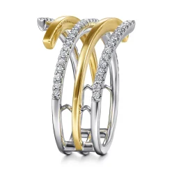 Sale Gabriel & Co. 14K White-Yellow Gold Plain and Diamond Row Statement Ring