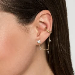 Outlet Gabriel & Co. 14K White-Yellow Gold Single Diamond Stud With Chain Drop And Ear Cuff