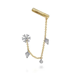 Gabriel & Co. 14K White-Yellow Gold Single Diamond Stud With Chain Drop And Ear Cuff