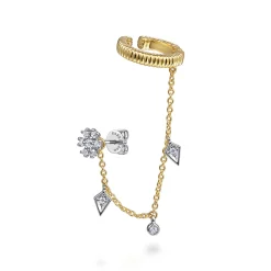 Gabriel & Co. 14K White-Yellow Gold Single Diamond Stud With Chain Drop And Ear Cuff