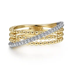 Best Gabriel & Co. 14K White-Yellow Gold Three Row Bujukan Ball and Diamond Band Ring