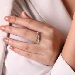 Best Gabriel & Co. 14K White-Yellow Gold Three Row Bujukan Ball and Diamond Band Ring