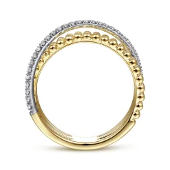 Best Gabriel & Co. 14K White-Yellow Gold Three Row Bujukan Ball and Diamond Band Ring