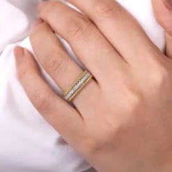 Best Gabriel & Co. 14K White-Yellow Gold Three Row Diamond and Bujukan Bead Ring